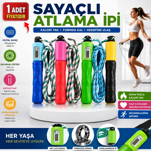 Sayaçlı Atlama İpi  Dijital Sayaçlı Ayarlanabilir Fitness Atlama İpi  Kaymaz Saplı Egzersiz ve Kardiyo İpi ürün görseli 1