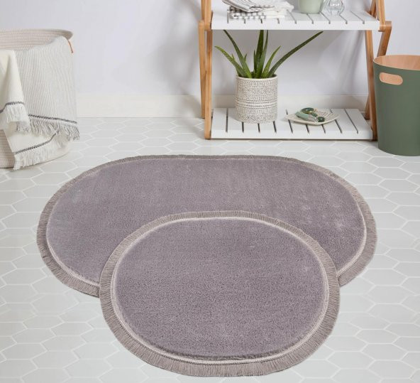 My Evilla Modern Dekoratif Halı Jel Kaymaz Taban Peluş Gri Saçaklı Oval Paspas Takımı 50x80 ürün görseli 1