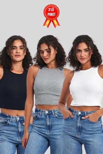 Kadın Siyah-beyaz-gri Fitilli Görünümlü Askılı Kalın 3'lü Basic Atlet ürün görseli 1