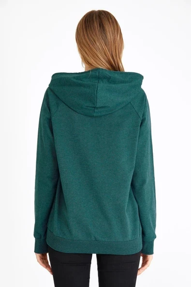 Kadın Yeşil Kapüşonlu Basic Örme Sweatshirt - Resim 4
