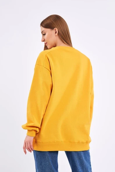 Sarı Kadın Pamuklu Oversize Basic Bisiklet Yaka Sweatshirt - Resim 3