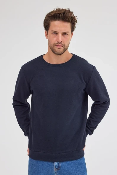 Erkek Lacivert Standart Fit Normal Kesim Pamuklu Basic Bisiklet Yaka Sweatshirt ürün görseli 1