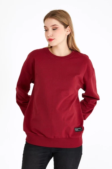 Kadın Bordo Renk Basic Bisiklet Yaka Sweatshirt ürün görseli 1