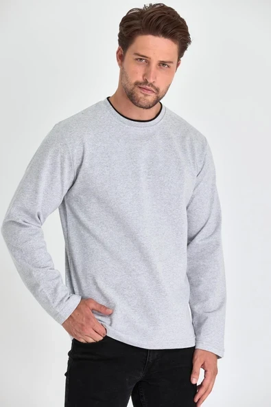 Erkek Gri Çift Bisiklet Yaka Standart Rahat Kesim Sweatshirt ürün görseli 1