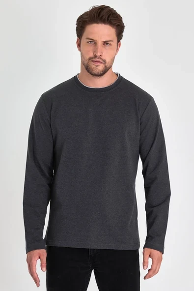 Erkek Antrasit Çift Bisiklet Yaka Standart Rahat Kesim Sweatshirt ürün görseli 1