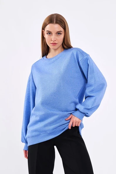Mavi Kadın Pamuklu Oversize Basic Bisiklet Yaka Sweatshirt - Resim 2