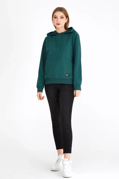 Kadın Yeşil Kapüşonlu Basic Örme Sweatshirt - Resim 3