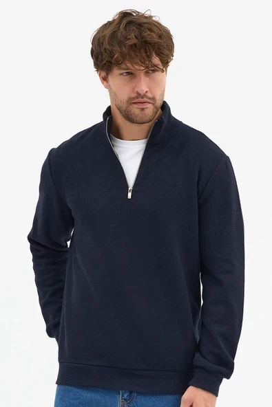 Erkek Lacivert Standart Fit Normal Kesim Pamuklu Yarım Fermuarlı Dik Yaka Pamuklu Sweatshirt ürün görseli 1