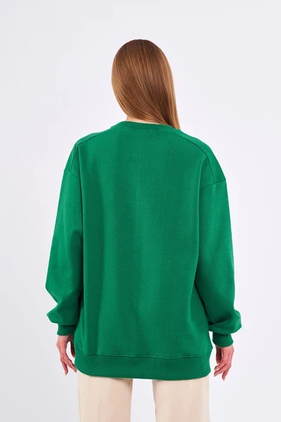 Yeşil Kadın Pamuklu Oversize Basic Bisiklet Yaka Sweatshirt - Resim 2