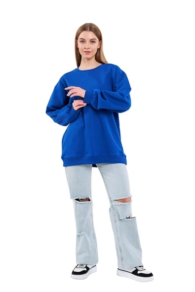 Saks Kadın Pamuklu Oversize Basic Bisiklet Yaka  Sweatshirt ürün görseli 1