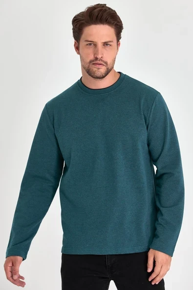 Erkek Petrol Çift Bisiklet Yaka Standart Rahat Kesim Sweatshirt ürün görseli 1