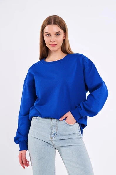 Saks Kadın Pamuklu Oversize Basic Bisiklet Yaka  Sweatshirt - Resim 2