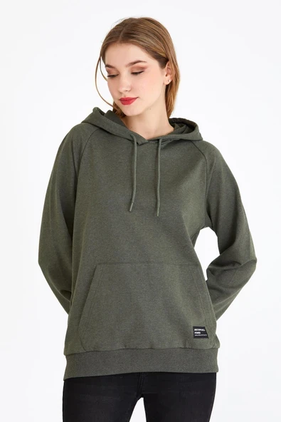 Kadın Haki Kapüşonlu Basic Örme Sweatshirt ürün görseli 1