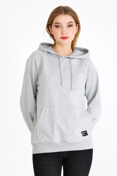 Kadın Gri Kapüşonlu Basic Örme Sweatshirt ürün görseli 1