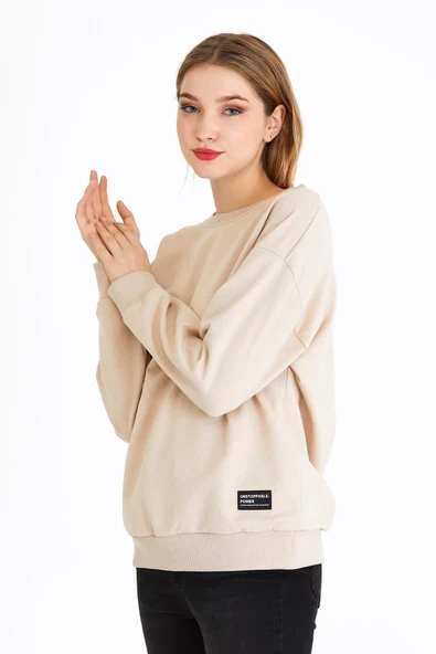 Kadın Bej Renk Basic Bisiklet Yaka Sweatshirt - Resim 2