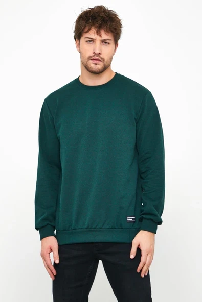 Erkek Koyu Yeşil Basic Bisiklet Yaka Sweatshirt - Resim 2