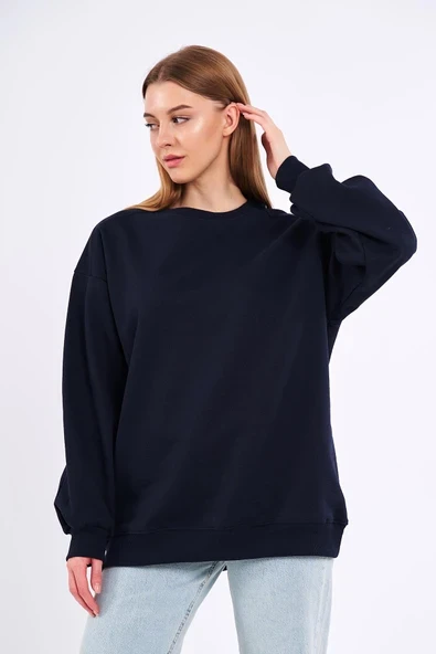 Lacivert Kadın Pamuklu Oversize Basic Bisiklet Yaka Sweatshirt - Resim 2