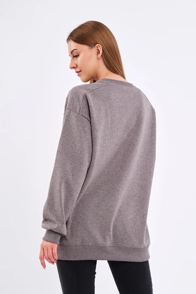 Kahve Kadın Pamuklu Oversize Basic Bisiklet Yaka Sweatshirt - Resim 3
