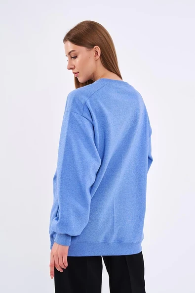 Mavi Kadın Pamuklu Oversize Basic Bisiklet Yaka Sweatshirt - Resim 3