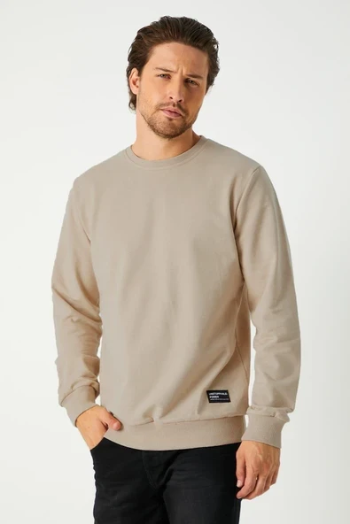 Erkek Bej Basic Bisiklet Yaka Sweatshirt ürün görseli 1