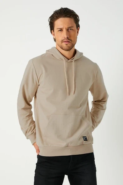 Bej Erkek Kapüşonlu Kanguru Cepli Sweatshirt ürün görseli 1