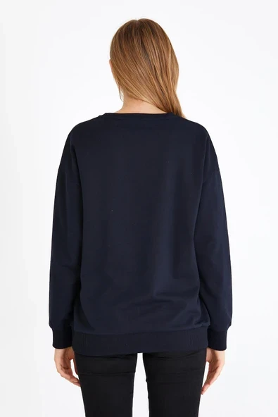 Kadın Lacivert Renk Basic Bisiklet Yaka Sweatshirt - Resim 4