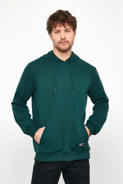 Koyu Yeşil Erkek Kapüşonlu Kanguru Cepli Sweatshirt ürün görseli 1