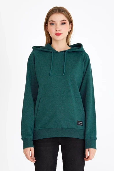 Kadın Yeşil Kapüşonlu Basic Örme Sweatshirt - Resim 2