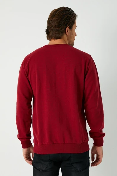 Erkek Bordo Basic Bisiklet Yaka Sweatshirt - Resim 3