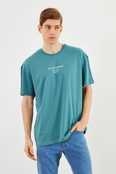 Leo Erkek Oversize Tshirt %100 Pamuk Bisiklet Yaka Baskı Detaylı Basic Mint Tişört ürün görseli 1