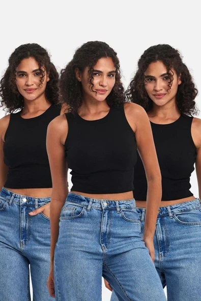 Fitilli Siyah Crop Havuz Yaka Sıfır Kol Pamuklu 3'lü Kadın Atlet ürün görseli 1