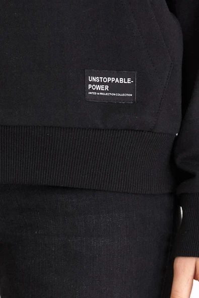 Kadın Siyah Kapüşonlu Basic Örme Sweatshirt - Resim 3