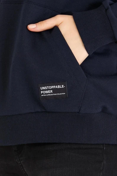 Kadın Lacivert Kapüşonlu Basic Örme Sweatshirt - Resim 3