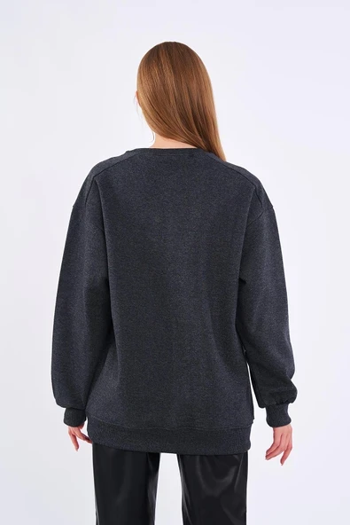Antrasit Kadın Pamuklu Oversize Basic Bisiklet Yaka Sweatshirt - Resim 3