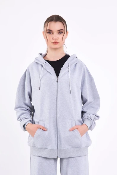 Gri Kanguru Cepli Kapüşonlu Fermuarlı Oversize Kadın Sweatshirt ürün görseli 1