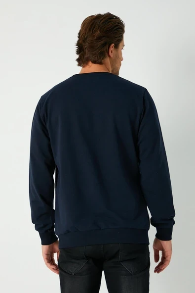 Erkek Lacivert Basic Bisiklet Yaka Sweatshirt - Resim 4