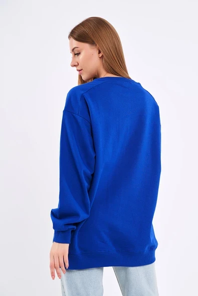 Saks Kadın Pamuklu Oversize Basic Bisiklet Yaka  Sweatshirt - Resim 3
