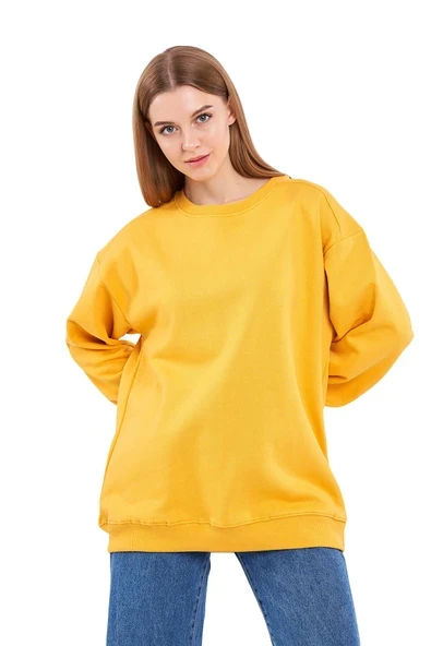 Sarı Kadın Pamuklu Oversize Basic Bisiklet Yaka Sweatshirt ürün görseli 1