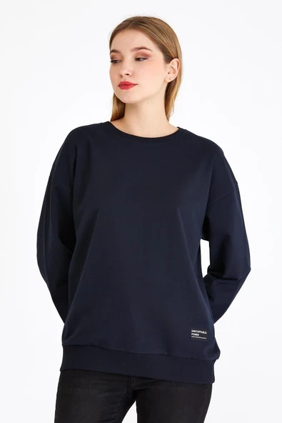 Kadın Lacivert Renk Basic Bisiklet Yaka Sweatshirt ürün görseli 1