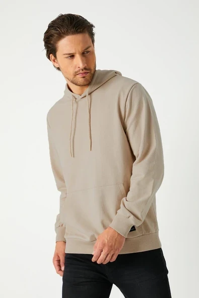 Bej Erkek Kapüşonlu Kanguru Cepli Sweatshirt - Resim 2