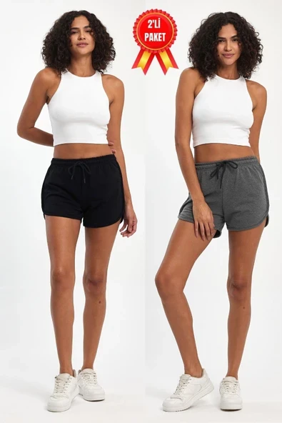 Kadın Yırtmaçlı Penye Kumaş Regular Fit Siyah-Gri Kısa Mini Günlük Şort ürün görseli 1