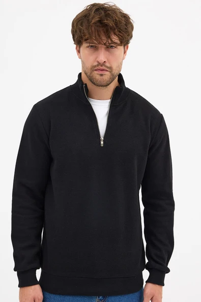 Erkek Siyah Standart Fit Normal Kesim Pamuklu Yarım Fermuarlı Dik Yaka Pamuklu Sweatshirt
