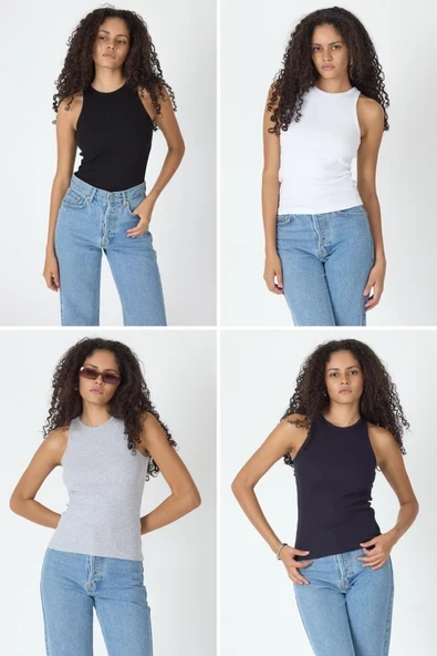 Fitilli Regular Fit Normal Kalıp Siyah-Beyaz-Gri-Lacivert Bisiklet Yaka Sıfır Kol Pamuklu 4'lü Kadın Atlet ürün görseli 1