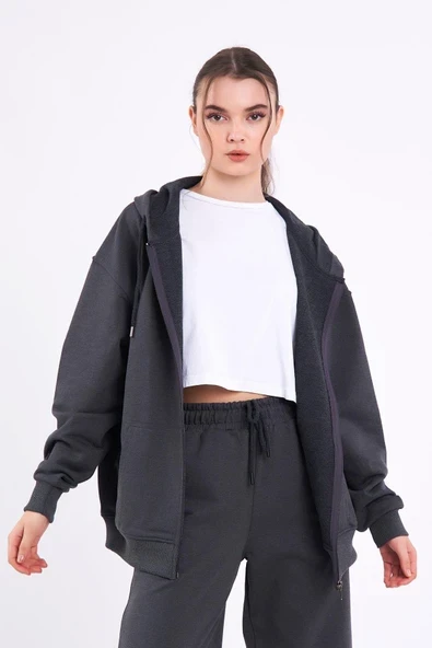 Antrasit Kanguru Cepli Kapüşonlu Fermuarlı Oversize Kadın Sweatshirt ürün görseli 1