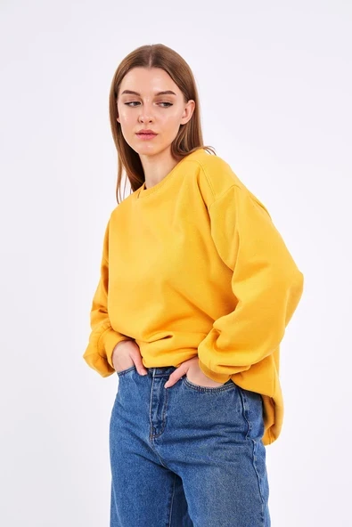 Sarı Kadın Pamuklu Oversize Basic Bisiklet Yaka Sweatshirt - Resim 2