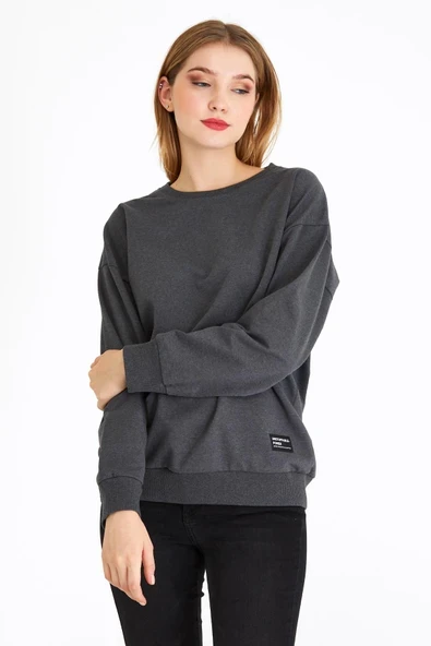 Kadın Antrasit Renk Basic Bisiklet Yaka Sweatshirt - Resim 2