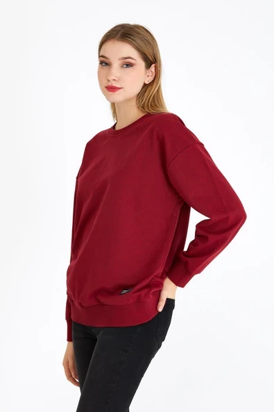 Kadın Bordo Renk Basic Bisiklet Yaka Sweatshirt - Resim 2