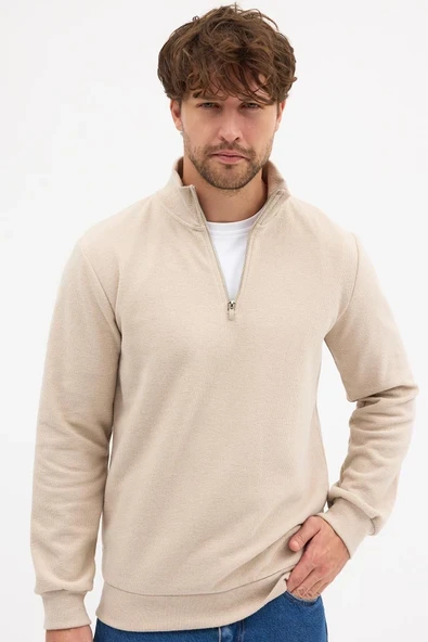 Erkek Bej Standart Fit Normal Kesim Pamuklu Yarım Fermuarlı Dik Yaka Pamuklu Sweatshirt ürün görseli 1