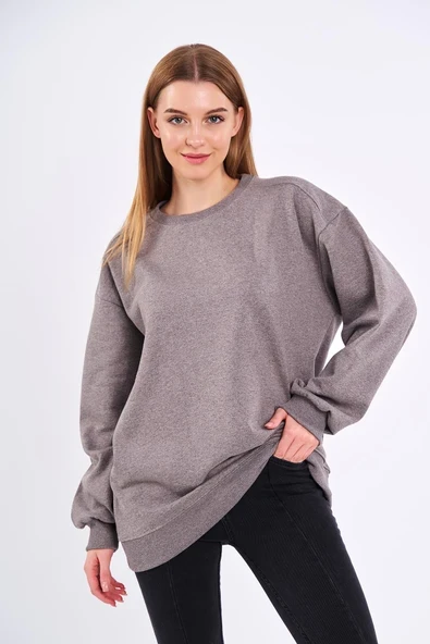 Kahve Kadın Pamuklu Oversize Basic Bisiklet Yaka Sweatshirt - Resim 2