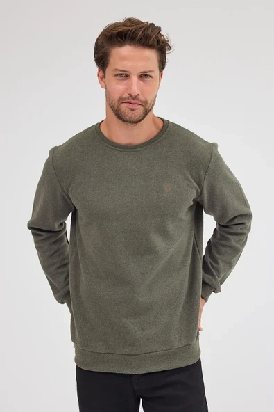 Erkek Haki Standart Fit Normal Kesim Pamuklu Basic Bisiklet Yaka Sweatshirt ürün görseli 1